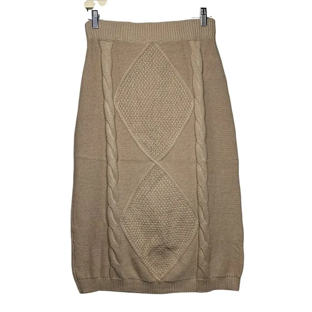 Polagram Cable Knit Midi Sweater Skirt PSW2919 Beige Tan Sz L Cozy Stretch Knit